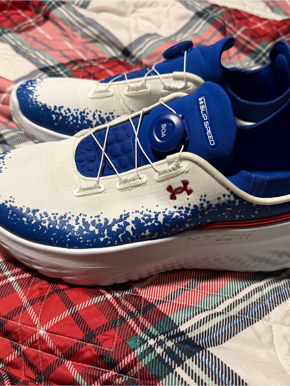 Under Armour men’s White & Royal Blue BOA Lace Sneakers with Red Logo